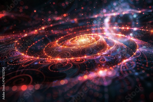 Galactic spiral: bright fractal design illustrating cosmic neural networks & quantum waves