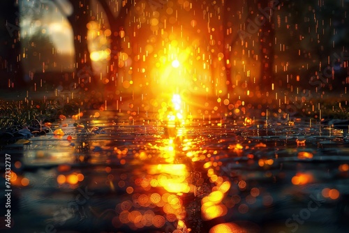 Rainy sunset: photorealistic digital art depicting wet atmosphere & urban rainfall