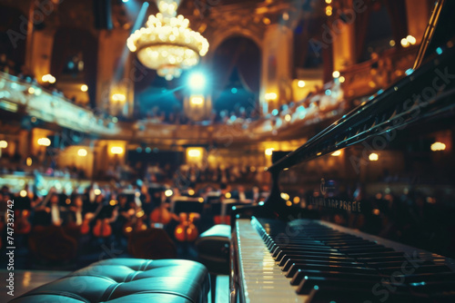 Grand piano on a concert stage with audience - An elegant grand piano takes center stage at a luxurious concert hall with a blurred audience in the background