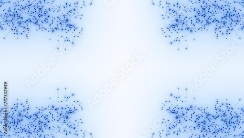 futuristische blau leuchtende synchrone Netzwerkverknüpfungen mit Knotenpunkten, Fraktal, Muster, Kreis, Verbindungen, KI, Internet, Server, Plexuseffekt, System, FTTH, Daten, leuchten
 photo