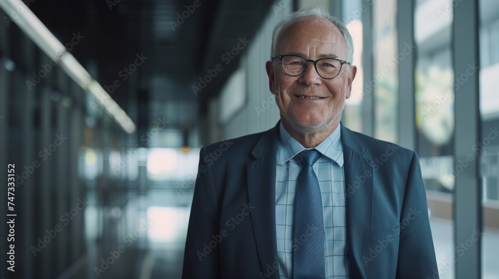 Capture a portrait of a smiling older bank manager or investor, a happy middle-aged business man boss and leader.  