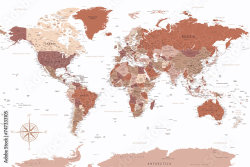 World Map - Highly Detailed Vector Map of the World. Ideally for the Print Posters. Brown Beige White Colors
