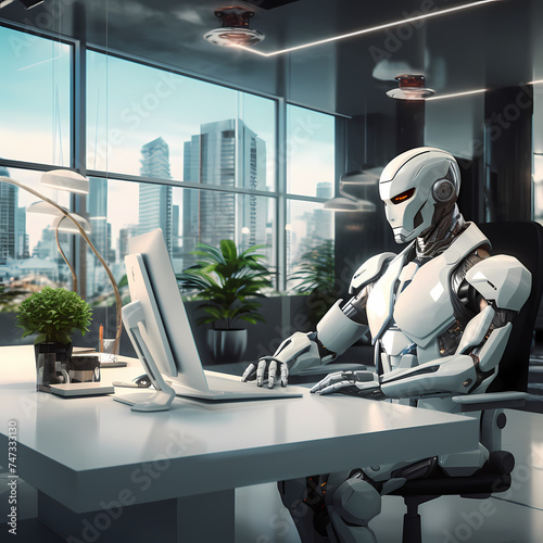 A futuristic robot in a modern office setting.