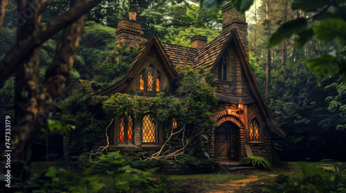 Fairytale cottage in an enchanted forest - A fairytale cottage with charming architectural details is nestled in a magical green forest with warm light © Mickey