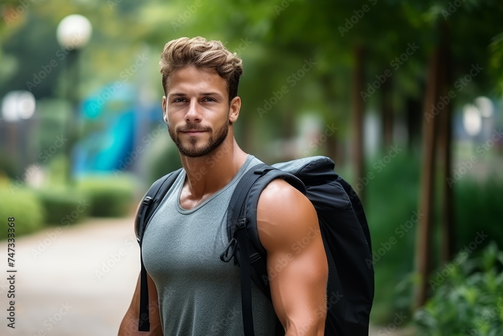 An athletic young man with a backpack is doing sports in a city park. Rucking, weighted backpack walking.  - obrazy, fototapety, plakaty 