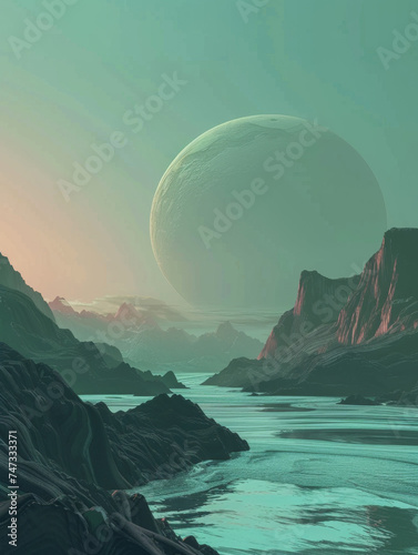 Futuristic alien landscape with large planet - Digital art of an alien landscape featuring a massive planet looming over an extraterrestrial lake and mountains photo