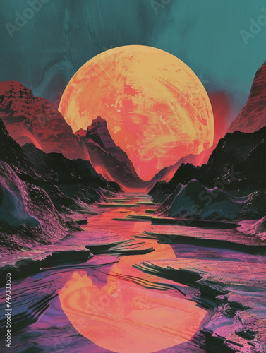 Futuristic red planet with a mountainous landscape - This digital artwork imagines a sci-fi landscape with a massive red planet looming over a vividly colored mountainous terrain and reflective lake
