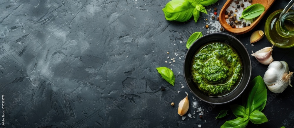 A dark concrete background showcases a bowl filled with vibrant green pesto sauce surrounded by fresh basil leaves and garlic cloves.