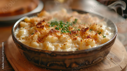 Creamy baked macaroni and cheese in rustic casserole dish.