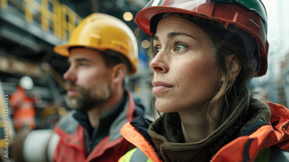 Two people wearing hardhats on a construction site. Two people wearing hardhats on a construction site.