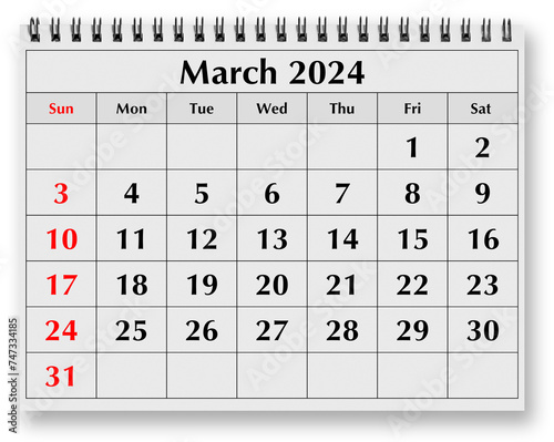 Page of the annual monthly calendar - March 2024