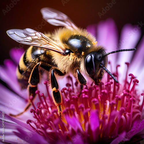 A macro shot of a bee pollinating a flower © Cao