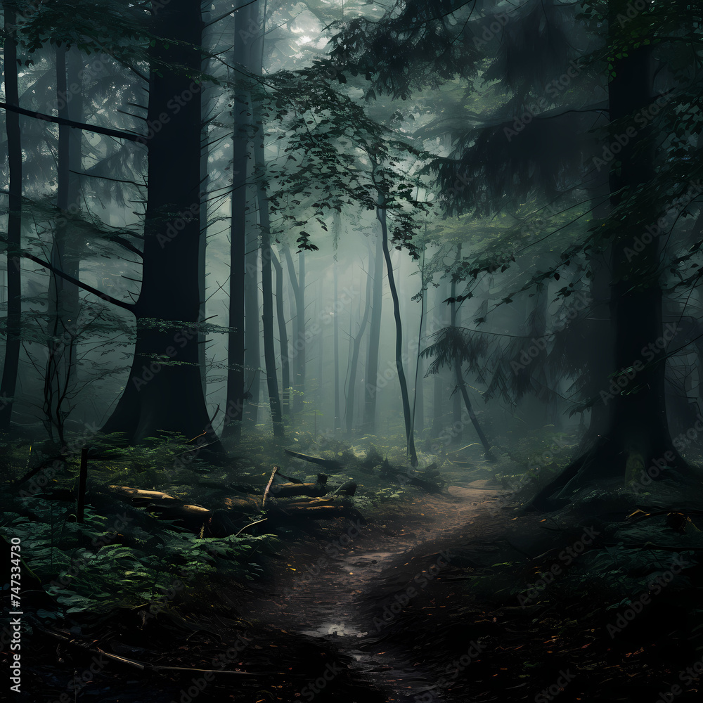 A mysterious forest with fog-covered trees.
