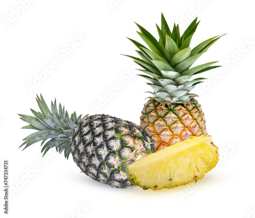 Whole green ,yellow pineapple :half and pineapple slice. Pineapple with leaves isolate on transparent.