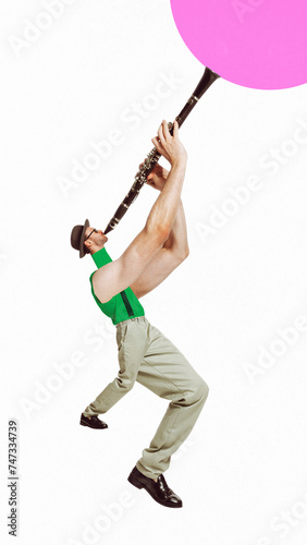 Poster. contemporary art collage. Young man with big arms virtuously playing flute against white background. Trendy urban magazine style Concept of music and dance, self-expression, inspiration.