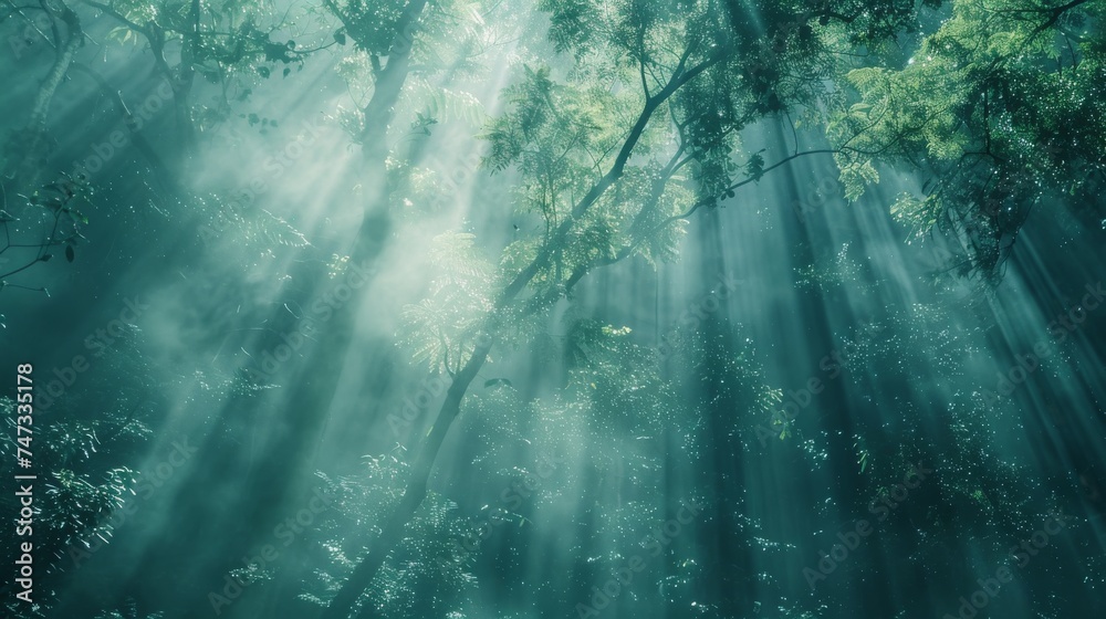 Ethereal forest scene with fog and mystical light filtering through trees