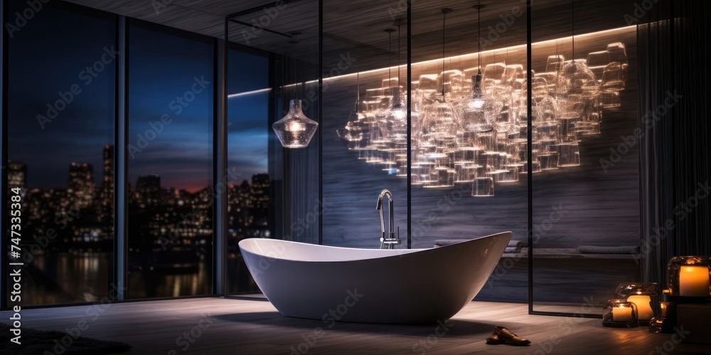 Luxurious Bathtub With City View in High End Bathroom Generative AI