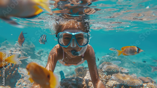 Cute little girl dives deep under water with blue mask, looks at underwater world. Beautiful young kid diver swim at ocean. Extreme sport activity concept. Sea depth snorkeling. Fun adventure outdoor.