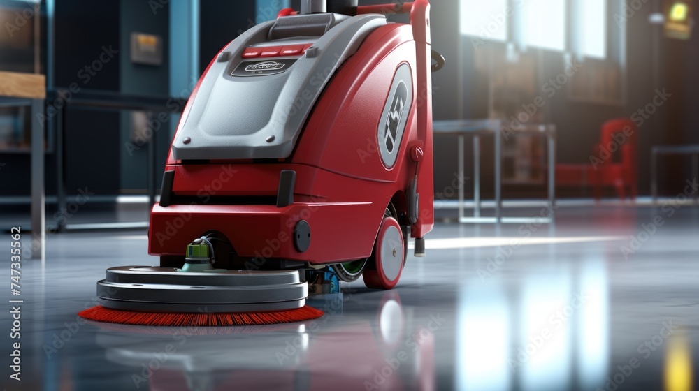 Professional floor cleaning machine in operation at a modern facility. Professional floor cleaning machine in operation at a modern facility.
