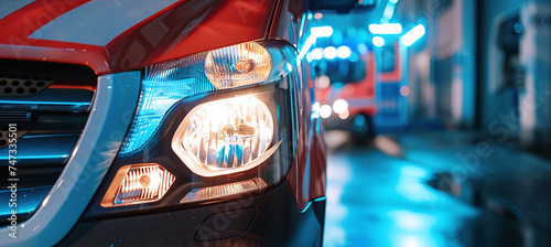 An ambulance driving with red lights through the city.