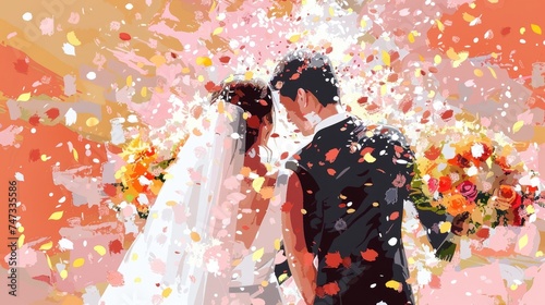 Bride and groom amidst colorful confetti splash.