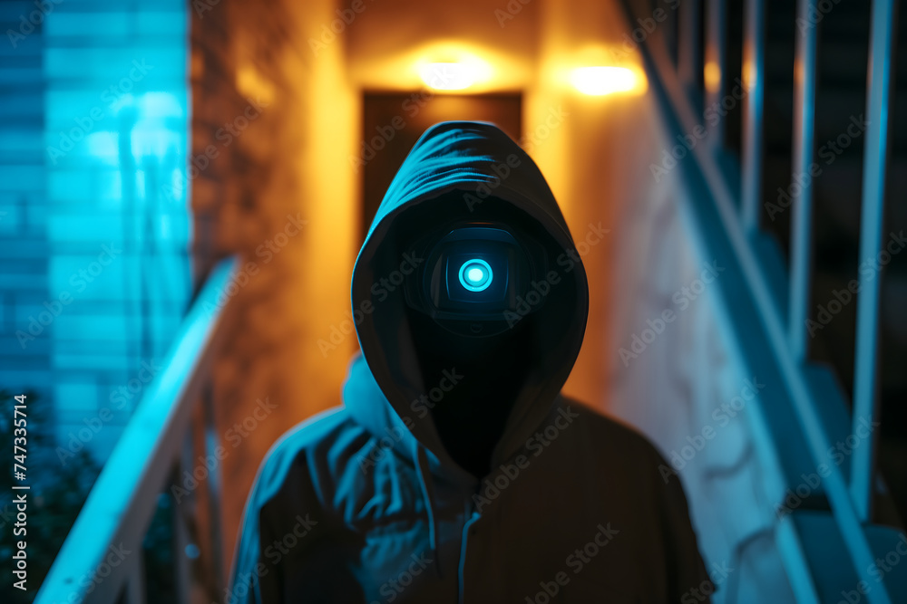 One-eyed android in human jacket covered with a hood in a porch of the house at night.