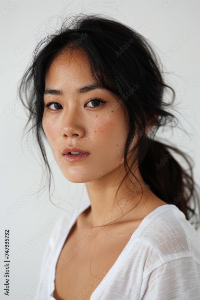 Close-up portrait of a young Asian woman in white sheer blouse. Close-up portrait of a young Asian woman in white sheer blouse.