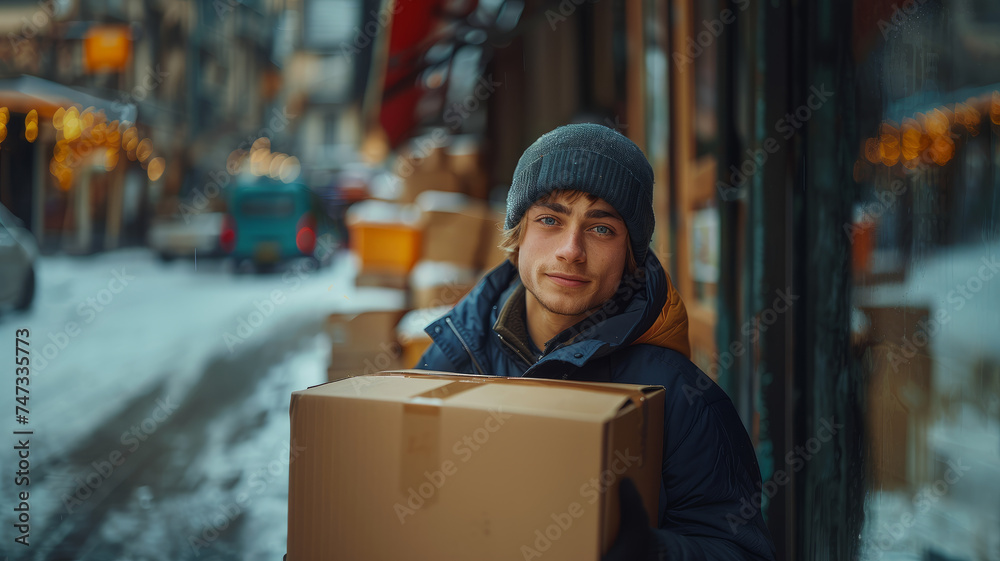 A male courier delivering a parcel. A male courier delivering a parcel.