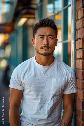 Confident East Asian man leaning against a brick wall.
