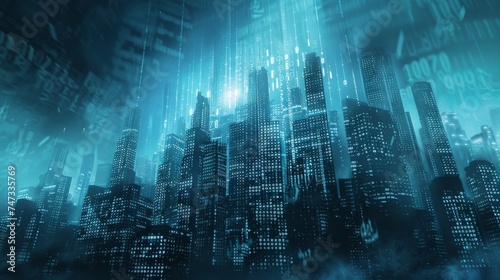 Futuristic city skyline with digital binary code abstract illustration background