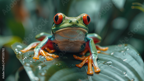 Colorful exotic tree frog in wild rainforest.