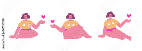 A girl sitting in various poses. Happy woman with a heart in her hand sitting on the floor. Girl in pink panties. Happy period time. Bodypositive concept