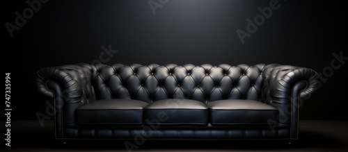 A black and white photograph showcasing a leather couch, highlighted by a soft glowing light. The intricate stitching and texture of the upholstery are prominent in the image.