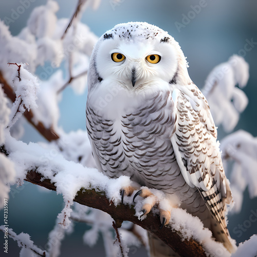 A snowy owl perched on a tree branch. © Cao