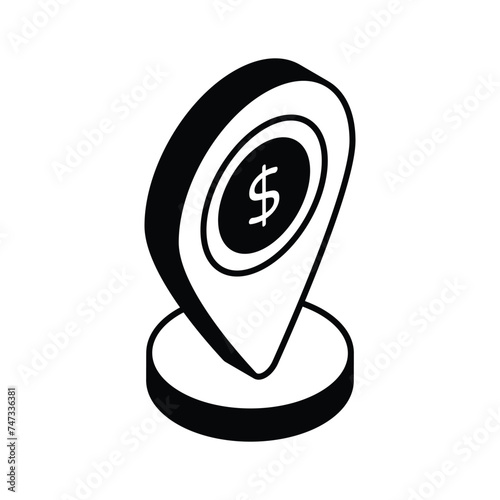 Dollar coin inside location pin showing concept isometric vector of bank location