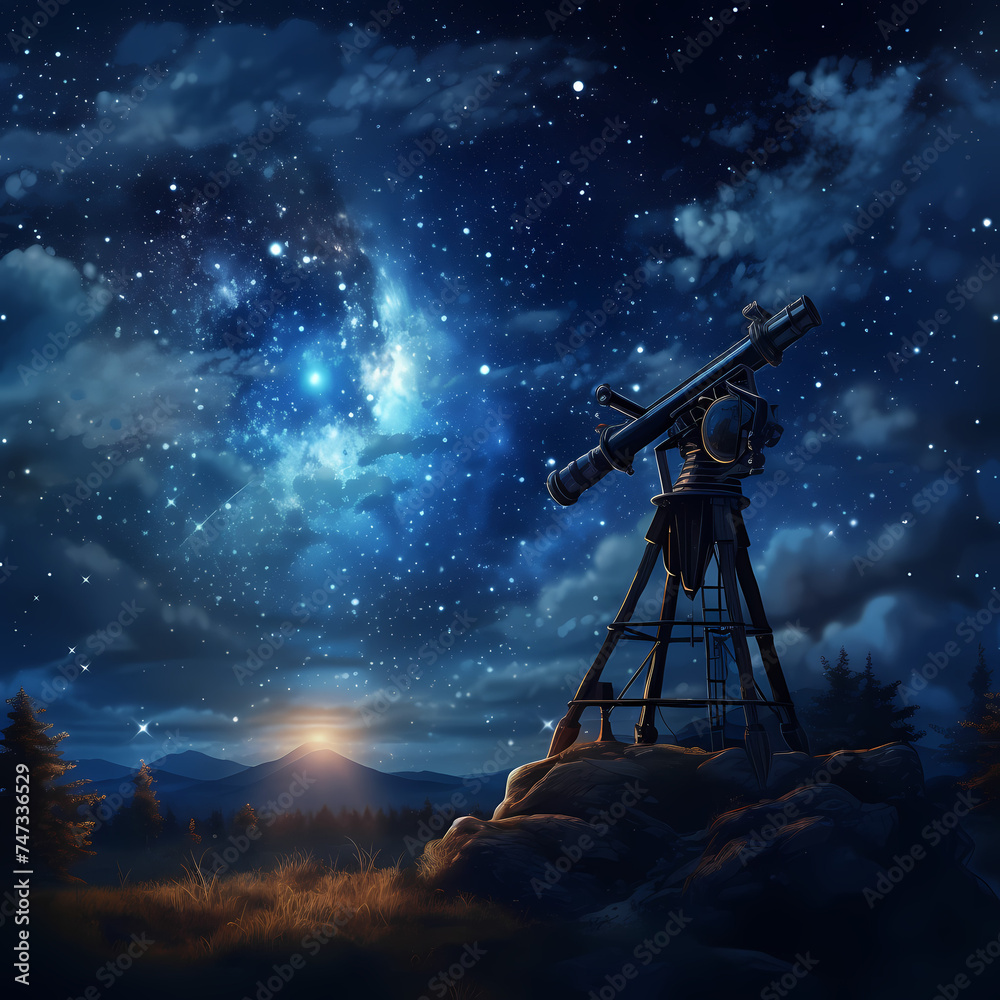 A telescope aimed at a starry night sky.