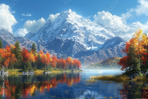 Mountain landscapes in digital art, vibrant summer and autumn scenes