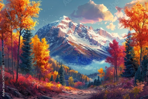 Mountain landscapes in digital art show vibrant summer and autumn scenes, capturing nature's beauty in vivid colors