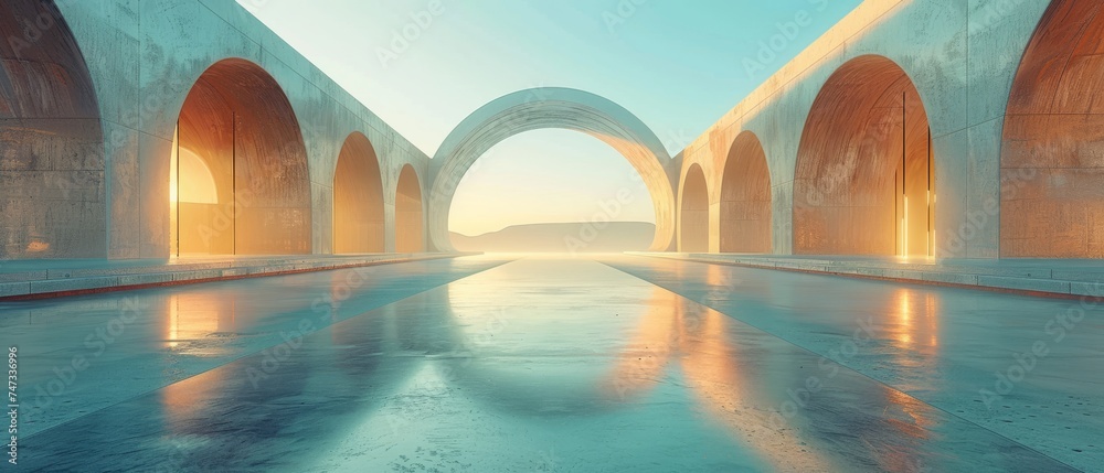 Abstract futuristic architecture rendered in 3D with a concrete floor and a car presentation background.