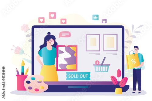 Female painter holds picture on laptop screen. Woman artist sells painting in online art shop or internet gallery. Buyer with shopping bag. Art gallery, business concept.