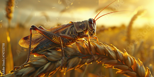 a huge locust sits on a spike of wheat