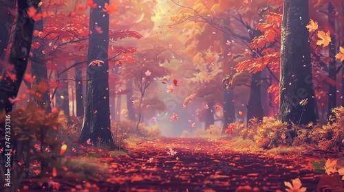 Autumn landscape with a pathway leading through a vibrant forest with falling leaves.