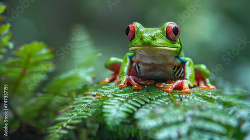 Red-eyed leaf frog sitting on a leaf.