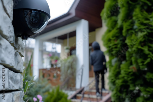 thief at the front door of a house near surveillance camera