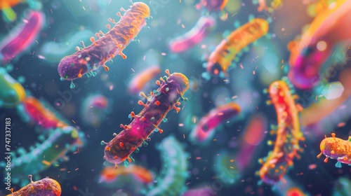 Bacteria culture growing, colorful, abstract, 3D illustration, microbiology theme.