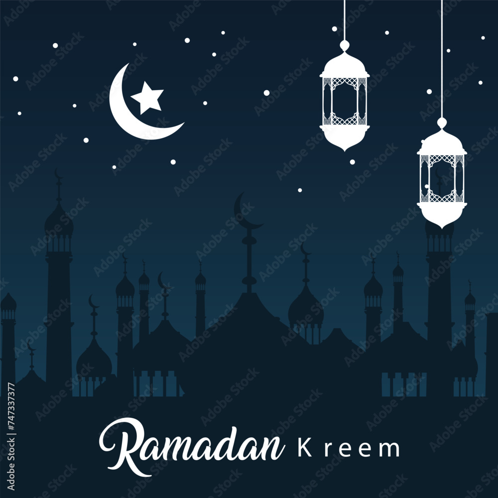 Ramadan Kareem. Islamic greeting card template with Ramadan for wallpaper design. A set of moon, stars, mosque vector illustration.