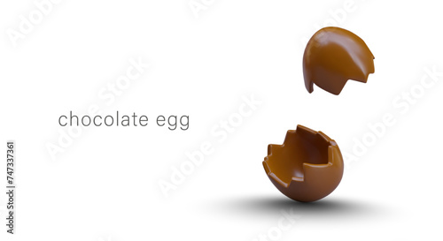 Broken realistic empty chocolate egg. Half of chocolate oval. Sweets mockup, eggshell