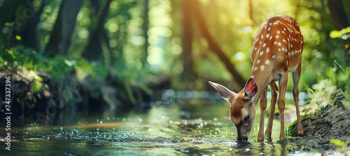 Deer drinks water from a river in the forest