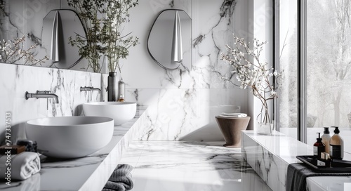 Marble Countertop Vanity Display in Luxurious White Bathroom Interior