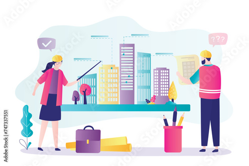 Architects analyse blueprint for construction. Modern architecture of city, town exterior. Engineers create plan of skyscrapers building.